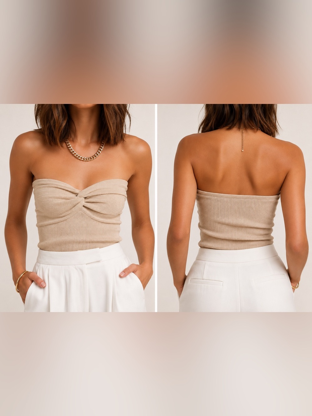 Strapless Knit Twist Front Stretch Ribbed Top